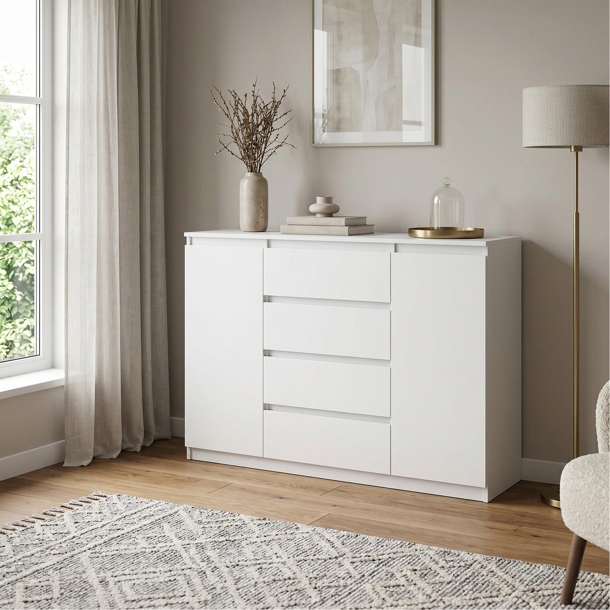 KOMMODE NUDO 138,5/101,5/39cm mit 4 Schubladen 2 Türen Weiß - Weiß, Holzwerkstoff (138.5/101.5/39cm) - MASSENO