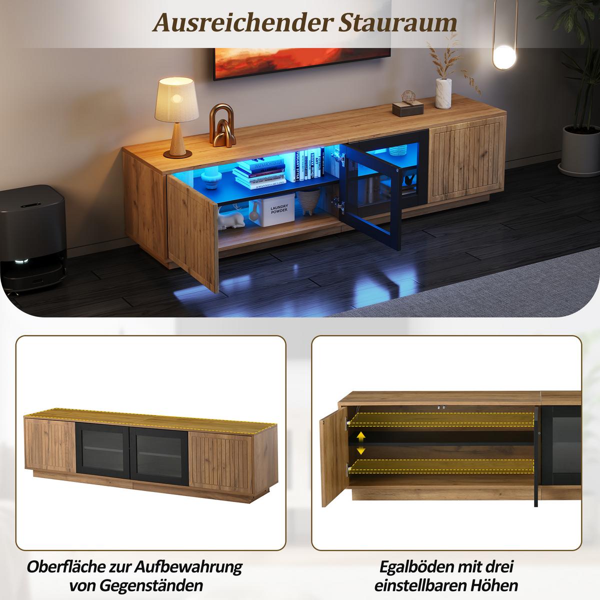 TV-SCHRANK Naturholz & Schwarz 180cm mit 4 Türen & App-LED für 75 Zoll - Naturfarben, Holzwerkstoff (180/45/40cm) - Urban Meuble