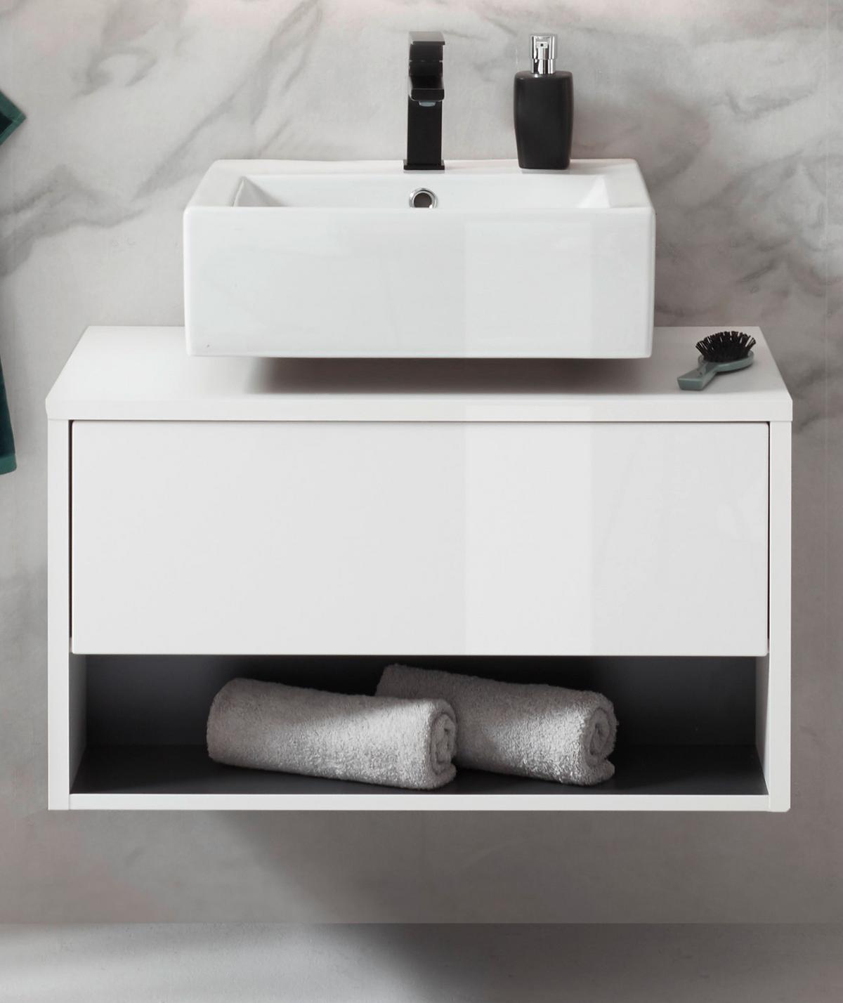 WASCHBECKENUNTERSCHRANK weiß Hochglanz, grau 80 cm hängend - Weiß Hochglanz/Grau, Holzwerkstoff/Metall (80/44/46cm) - Furn.Design