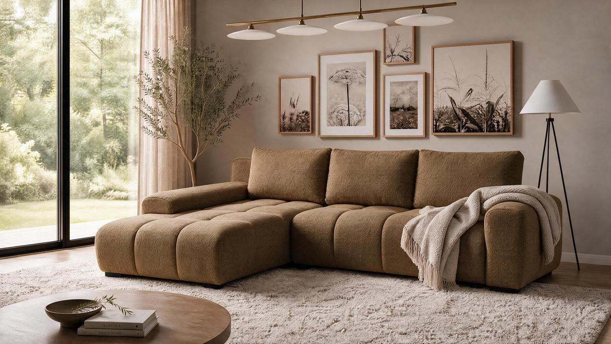 ECKSOFA Ovia mit Bettkasten und Schlaffunktion, Bouclé-Stoff in L-Form - Braun, Textil (270/185cm)