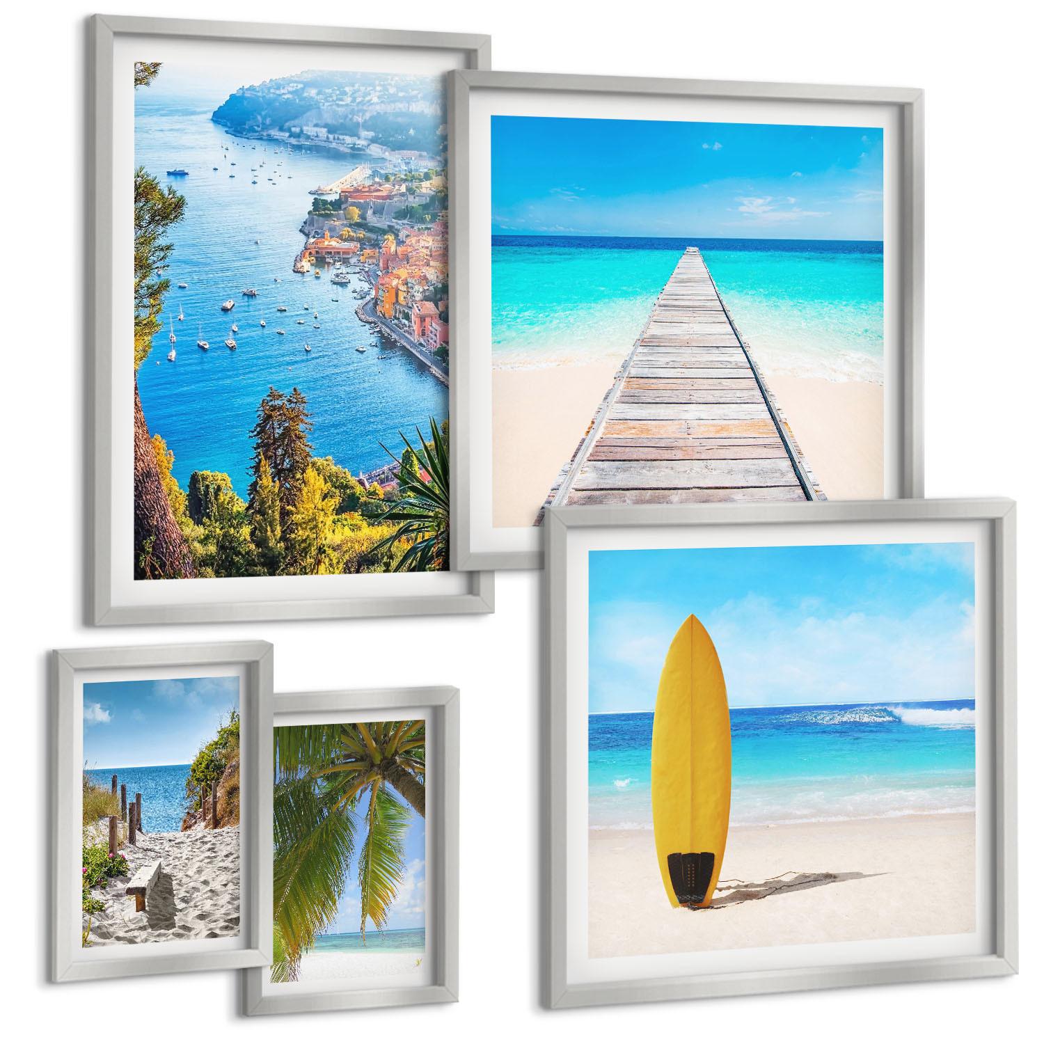 BILDER SET 5er Set - 50x50 cm & 20x30 cm & 40x60 cm Silberner Rahmen - Urlaubsblick Strand Palmen - Silberfarben, Kunststoff (40/60cm) - TULUP