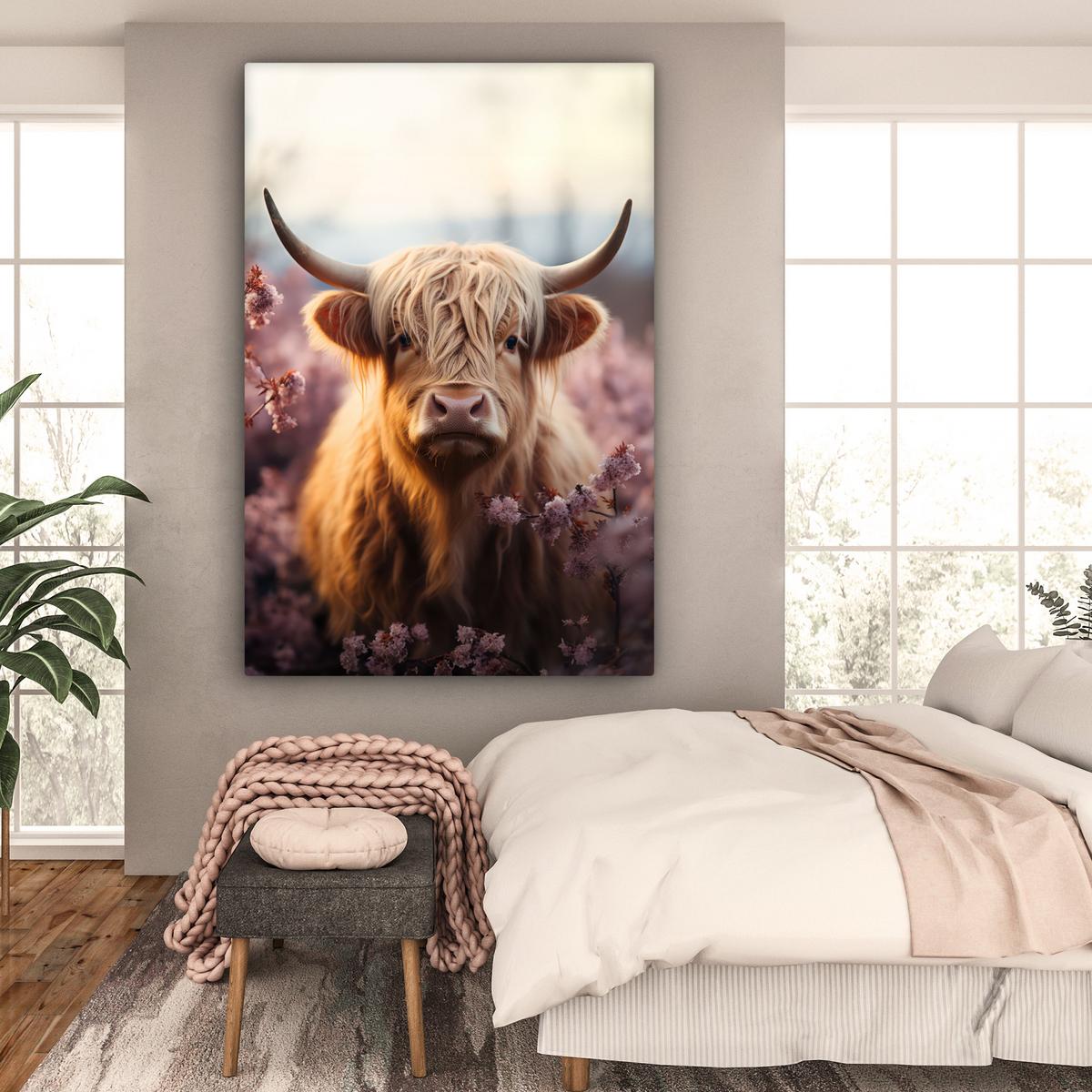 LEINWANDBILD Schottischer Hochländer - Frühling - Hochland Deko Groß 90x140 cm - Hellrosa, Textil (90/140cm) - MuchoWow