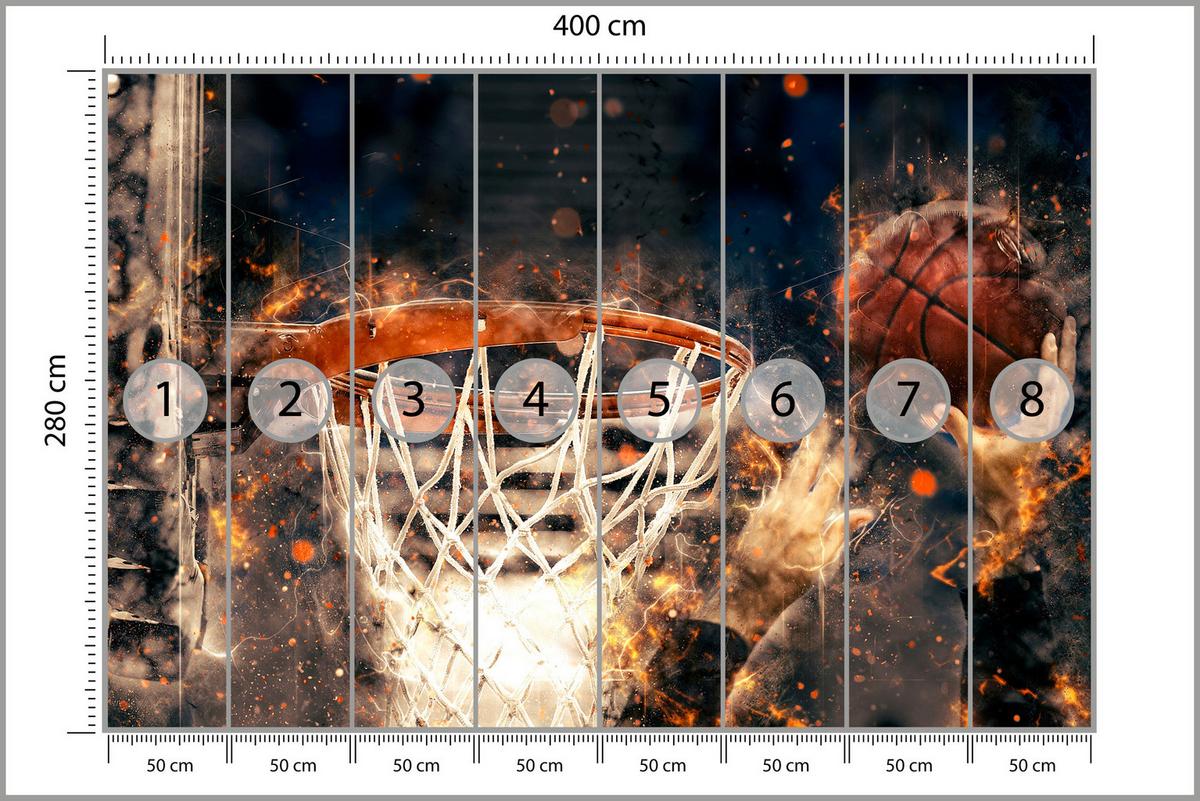 FOTOTAPETE für Jugendzimmer Aquarell Basketball Dunk Sport 400x280 - Beige/Schwarz, Papier (400/280cm) - Muralo