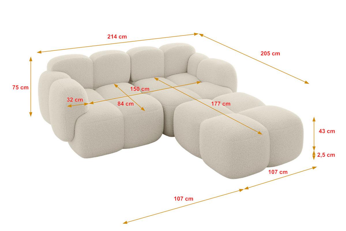 ECKSOFA modulares Sofa Rechts Miko-L1 214x205x75 Beige Bouclé - Sandfarben/Schwarz, Holzwerkstoff/Kunststoff (214/205cm) - ALTDECOR
