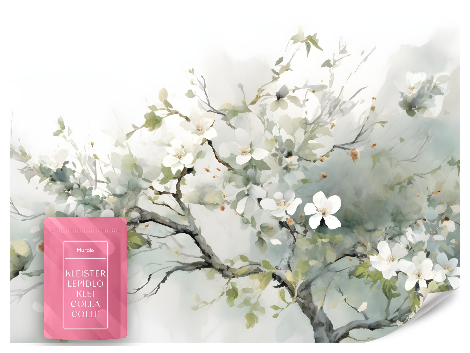 FOTOTAPETE für Wohnzimmer Aquarellbaum Blumen Natur 200x140 - Beige/Weiß, Papier (200/140cm) - Muralo