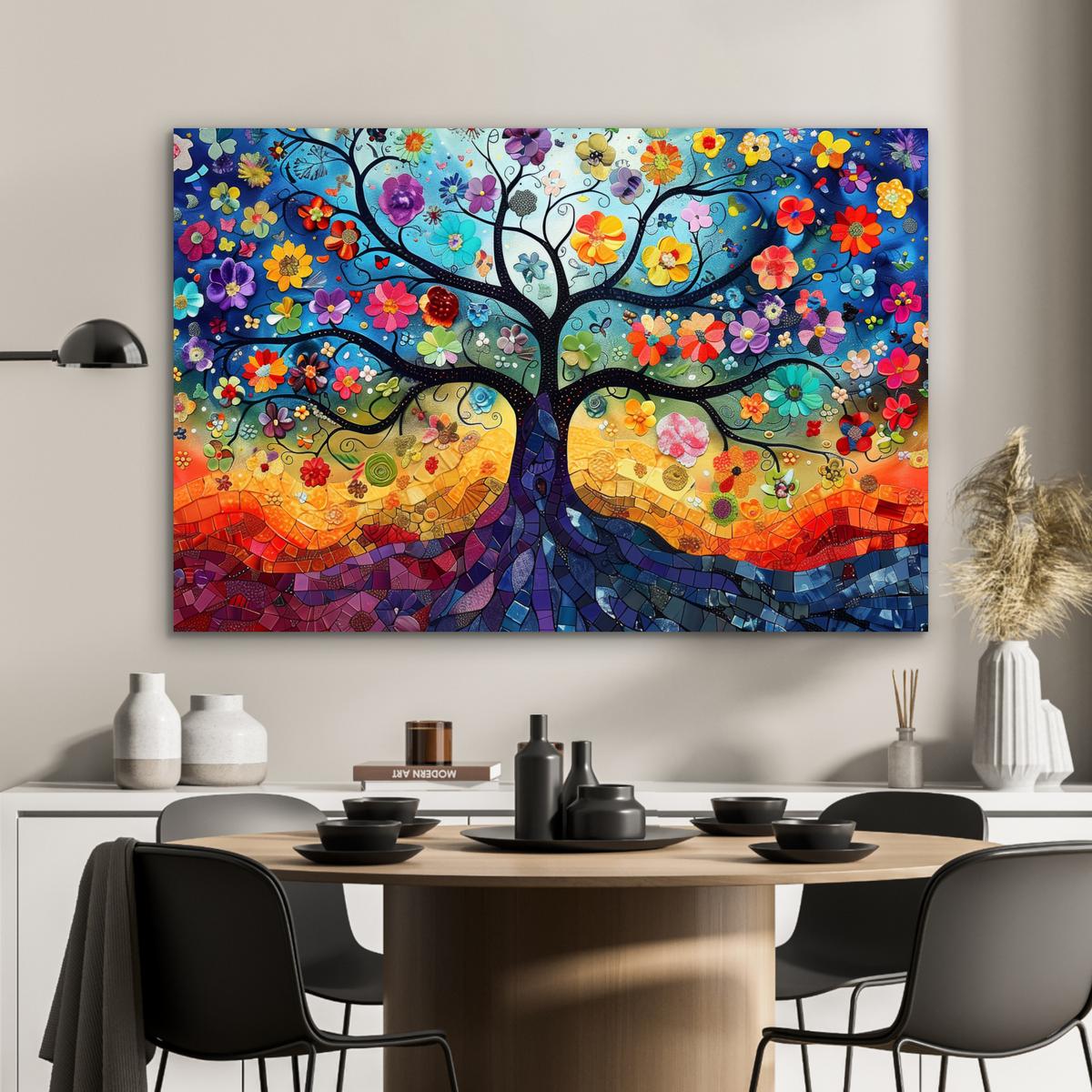 METALLBILD Kunst - Baum des Lebens - Blumen - Hippie Deko Groß 120x80 cm - Dunkelblau, Metall (120/80cm) - MuchoWow