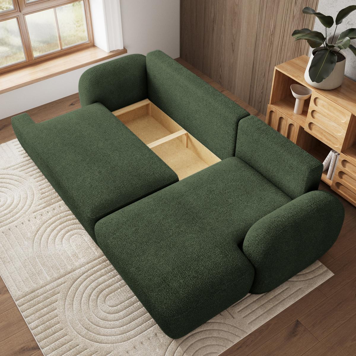 ECKSOFA MODENZA N R-S Grün Boucle-Stoff mit Schlaffunktion - Schwarz/Grün, Holz/Kunststoff (266/148cm) - MASSENO