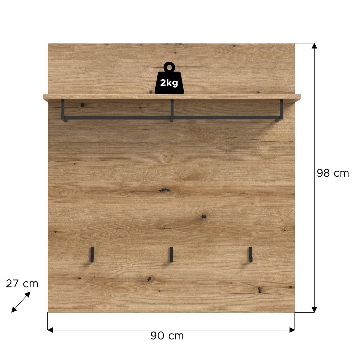GARDEROBENPANEEL Evoke Eiche 90 cm, Flurgarderobe mit Kleiderstange - Eichefarben, Holzwerkstoff/Metall (90/98/27cm) - Inn.Furn