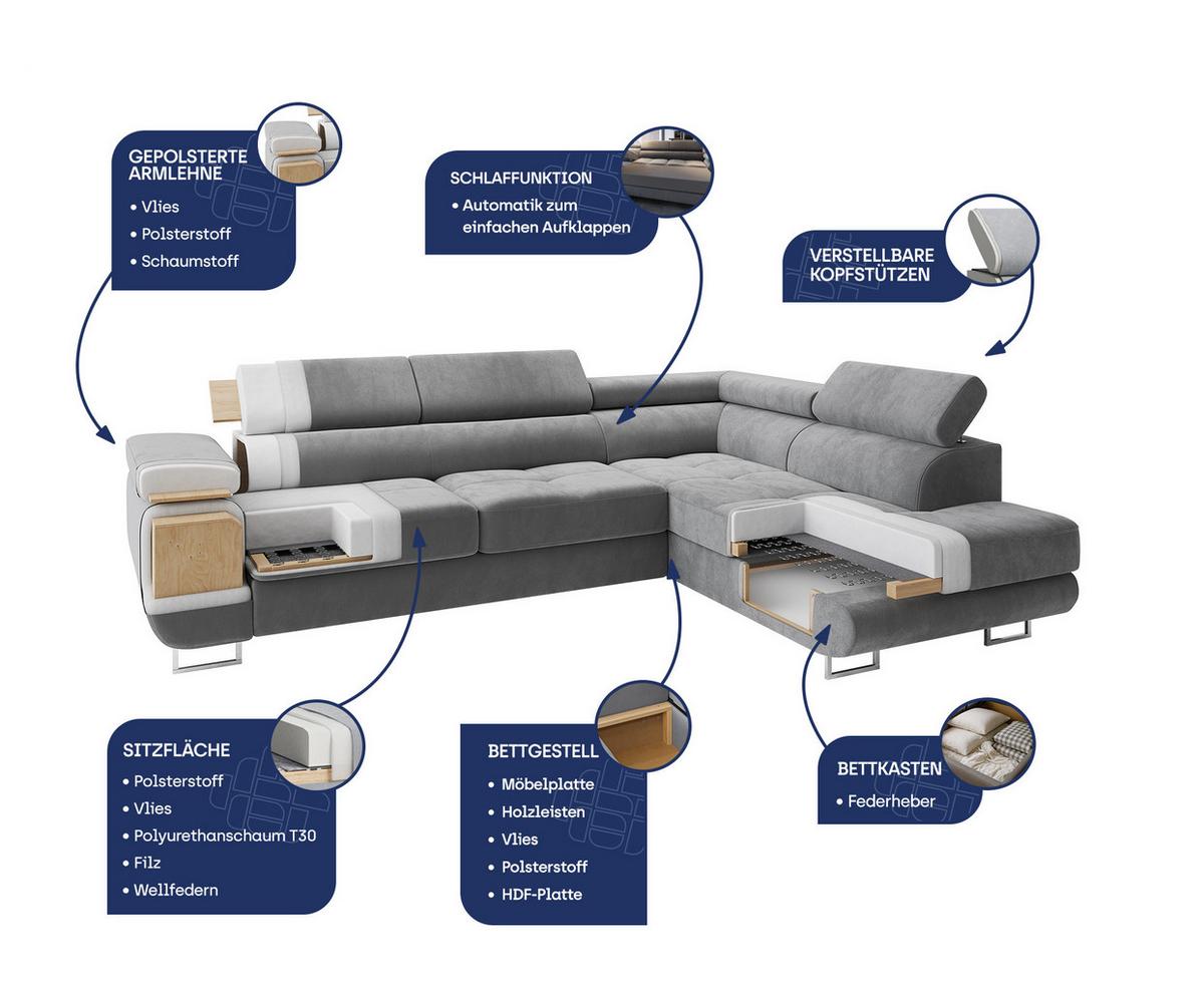 ECKSOFA SELVA R-S Creme Velours-Stoff mit Schlaffunktion - Silberfarben/Creme, Holz/Holzwerkstoff (275/202cm) - MASSENO