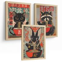 POSTER 3er Set Japanische Ramen Tier-Wandbilder Katze Waschbär und Hase Nudeln Küche Wanddeko Rahmenlos A3 - Klar, Papier (29.7/1/42cm) - Nacnic