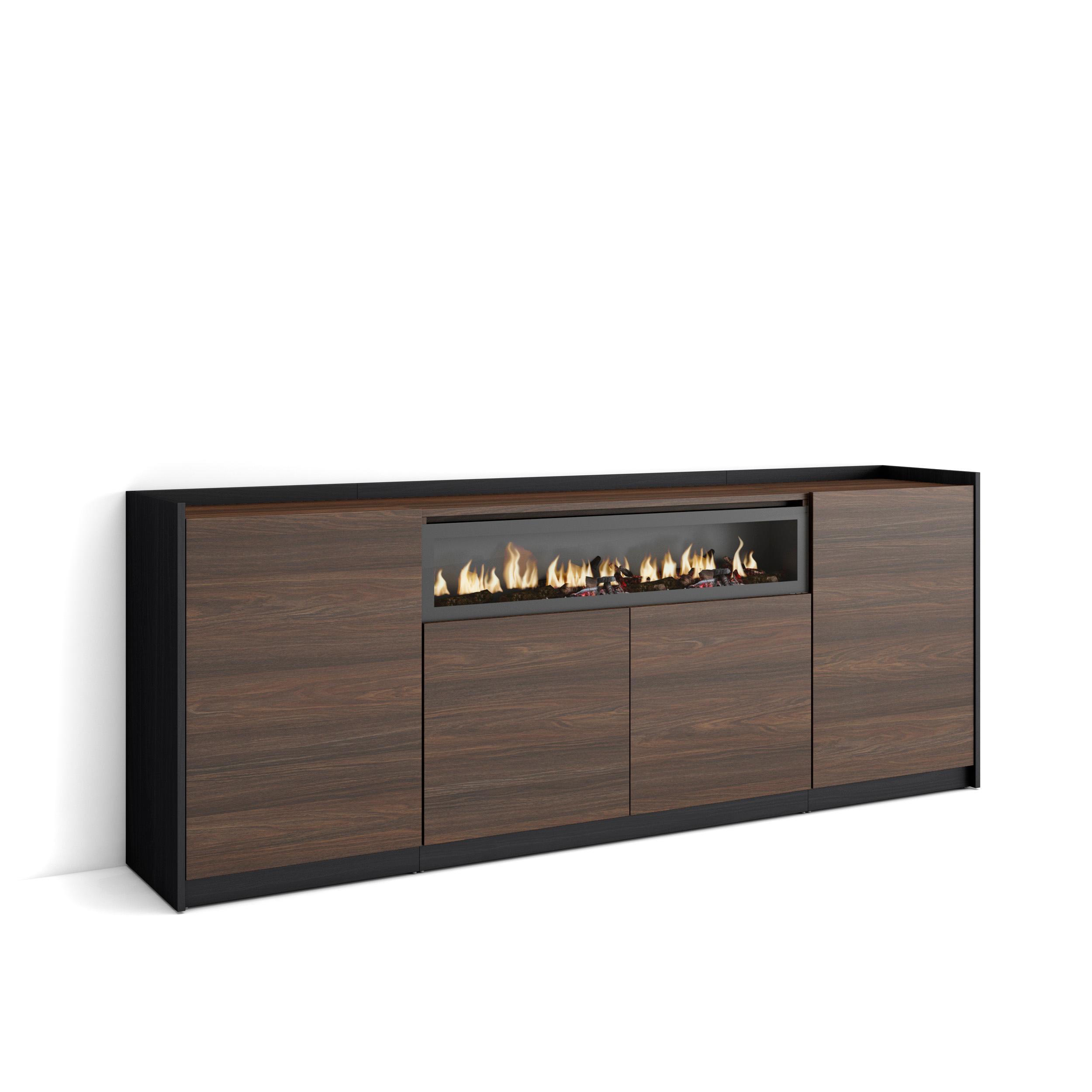 SIDEBOARD, Highboard, Dunkler Eiche und Schwarz, Elektrokamin, 207/37/80cm - Hellbraun, Holzwerkstoff (207/80/37cm) - Skraut Home