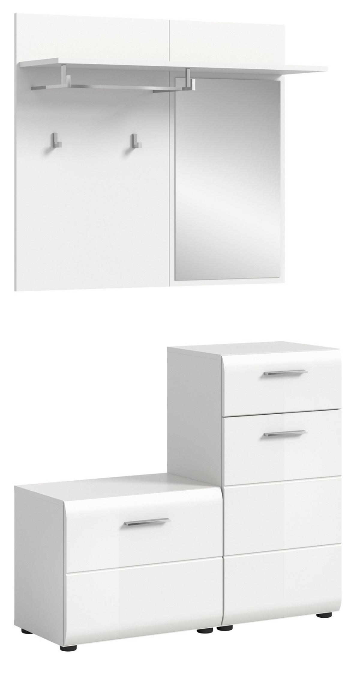 GARDEROBE Set 3-teilig weiß Hochglanz, Flurgarderobe kompakt, Komplett-Set Breite 98 cm - Weiß Hochglanz/Silberfarben, Holzwerkstoff/Kunststoff (98/190/191cm) - Inn.Furn