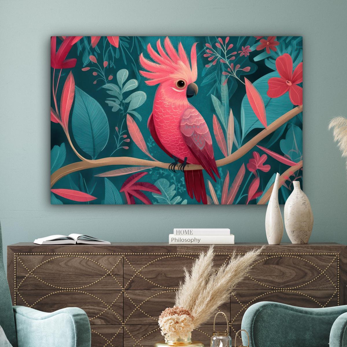 LEINWANDBILD Kakadu - Tropische Blätter - Zweig Wohnzimmer Groß 120x80 cm - Petrol, Textil (120/80cm) - MuchoWow