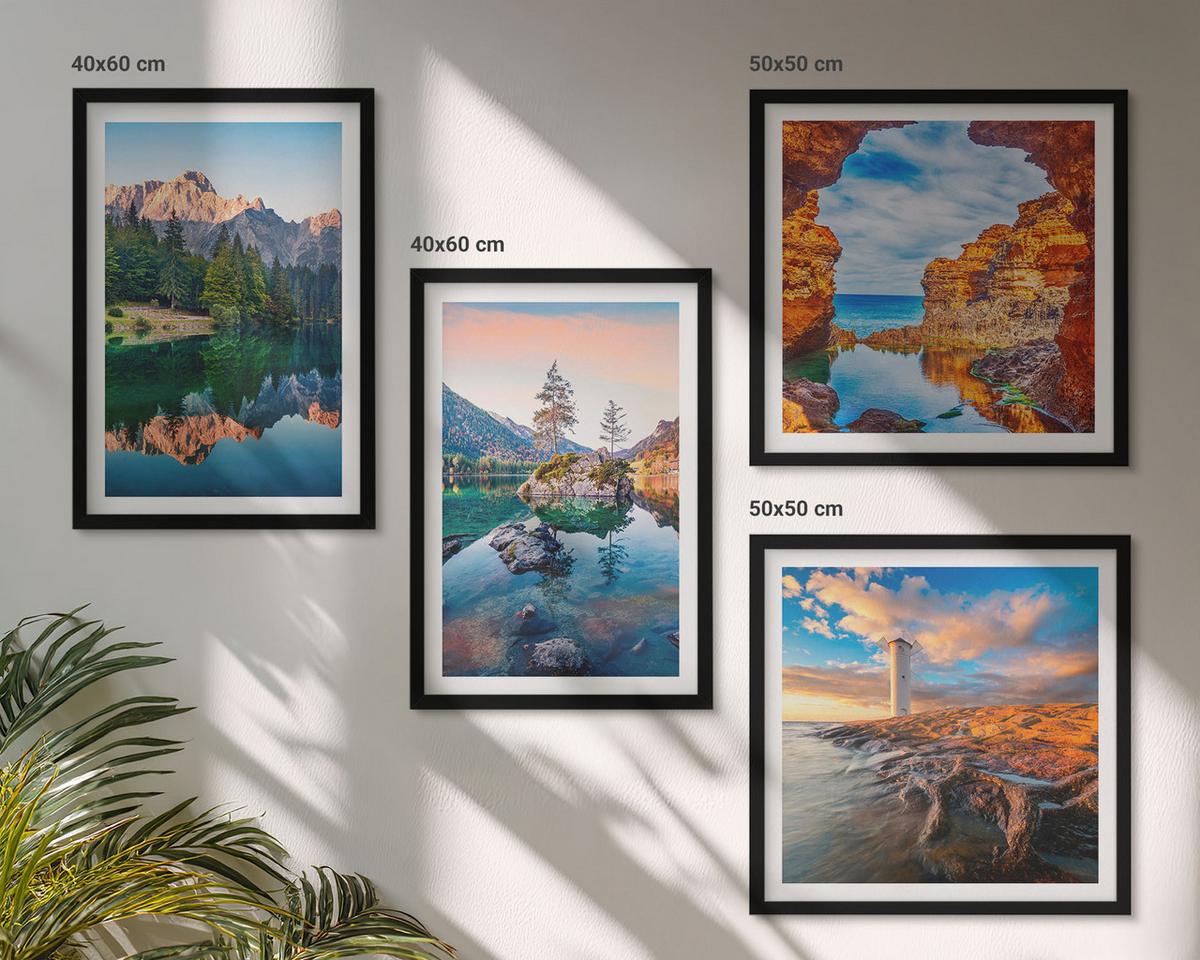 BILDER SET 4er Set - 50x50 cm & 40x60 cm Schwarzer Rahmen - Spiegelung der Felsen in Bergseen - Schwarz, Kunststoff (50/50cm) - TULUP