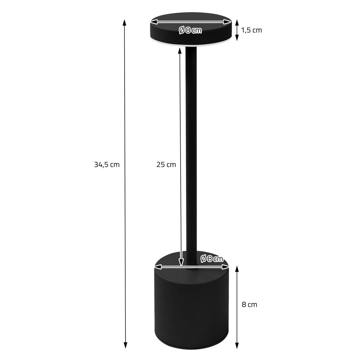 LED TISCHLAMPE kabellos Touch Schwarz Ø8x34,5cm 3 Lichtfarben Dimmbar - Schwarz, Kunststoff (8/8/34.5cm) - ML-DESIGN