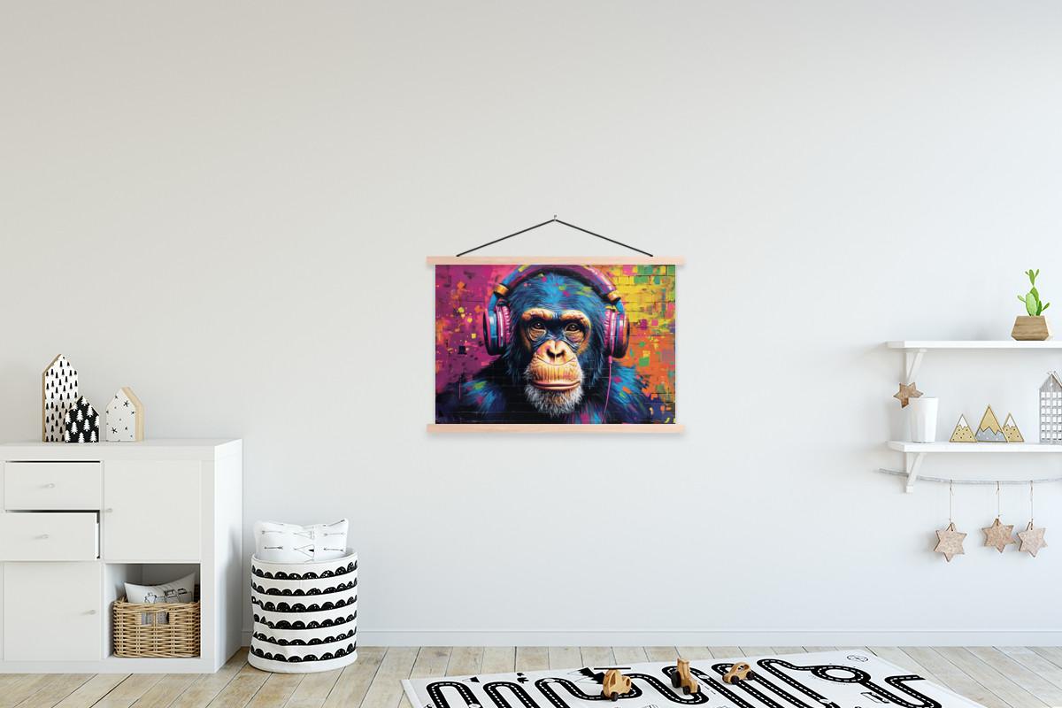 POSTER MIT MAGNETLEISTEN Graffiti - Schimpanse - Straßenkunst - Kopfhörer - Affe Wanddeko 90x60 cm - Blau, Textil (90/60/0.15cm) - MuchoWow