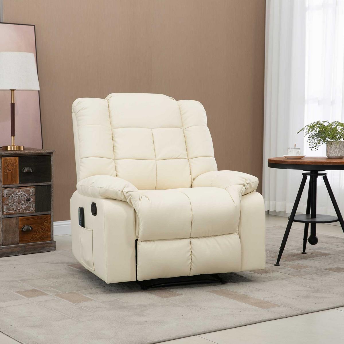 MASSAGESESSEL Elektrisch Fernsehsessel mit Liegefunktion 8 Massagepunkte Creme - Creme/Schwarz, Leder (99/99/94cm) - HOMCOM
