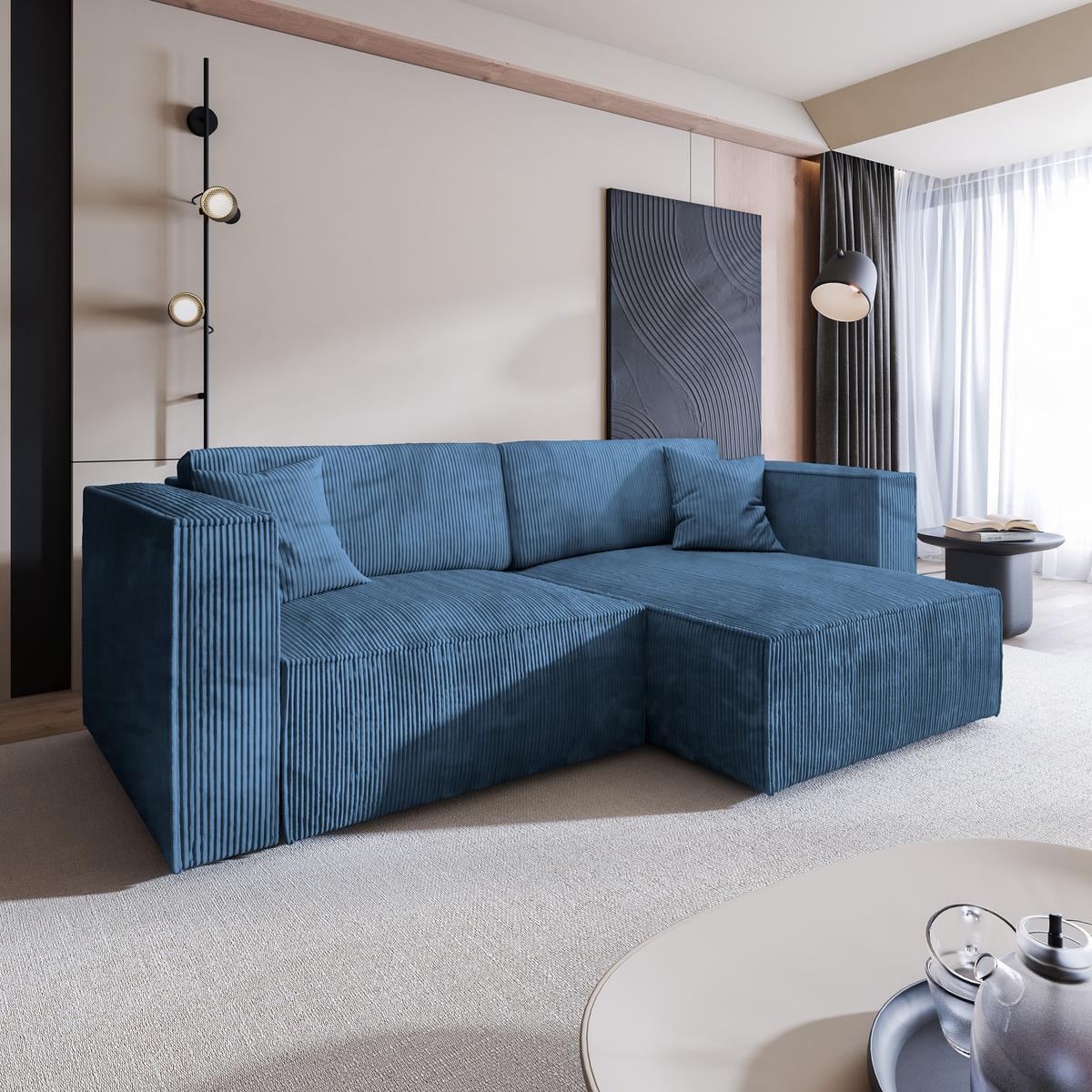 ECKSOFA NERIO P Blau Kordstoff mit Schlaffunktion - Blau/Grau, Holz/Kunststoff (245/148cm) - MASSENO