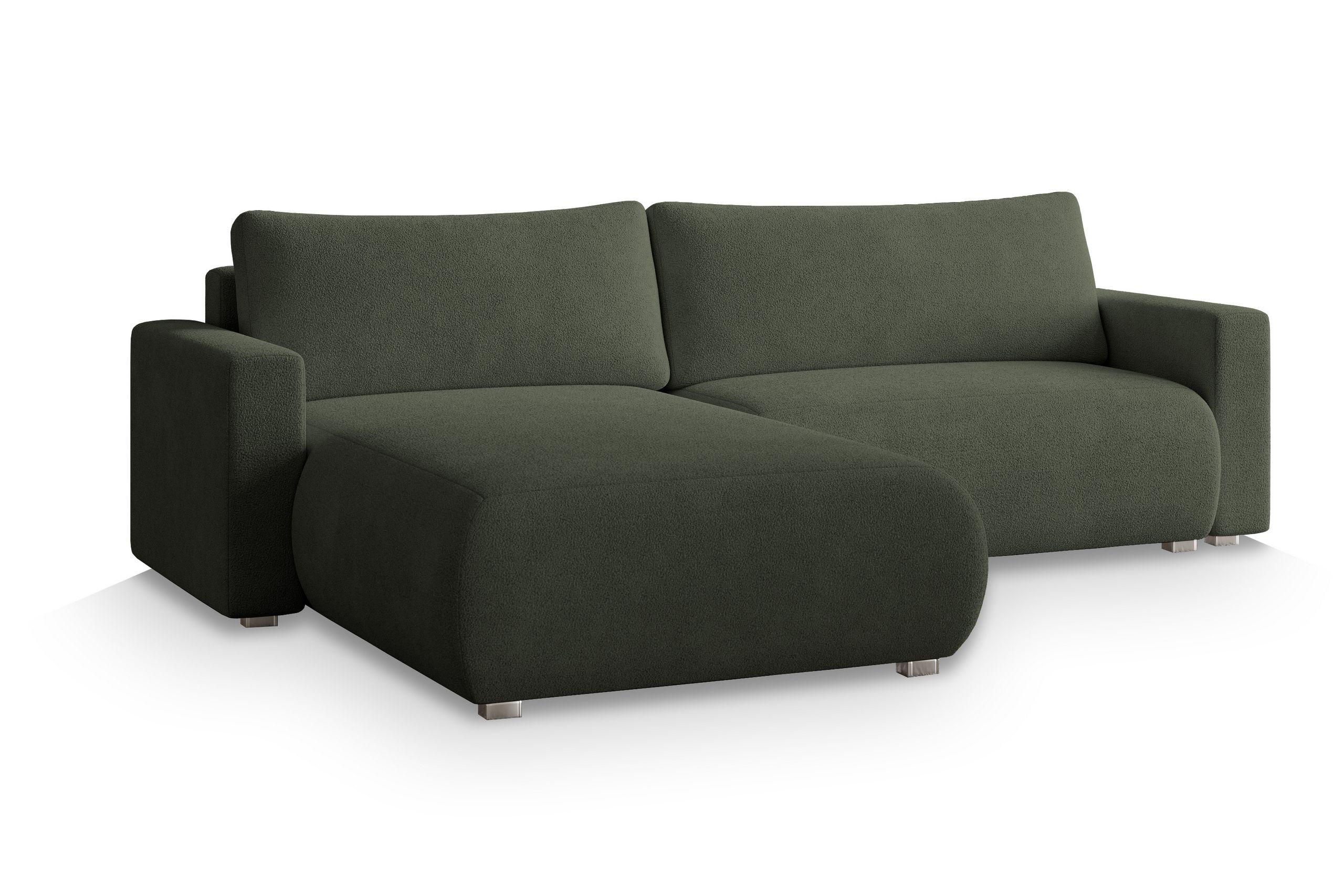 ECKSOFA TURIN N Grün Bucle-Stoff mit Schlaffunktion - Grau/Grün, Holz/Kunststoff (265/183cm) - MASSENO