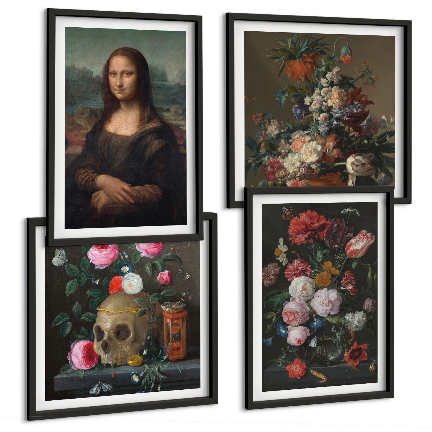 BILDER SET 4er Set - 50x50 cm & 40x60 cm Schwarzer Rahmen - Vintage Blumen Totenkopf Mona Lisa - Schwarz, Kunststoff (50/50cm) - TULUP