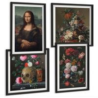 BILDER SET 4er Set - 50x50 cm & 40x60 cm Schwarzer Rahmen - Vintage Blumen Totenkopf Mona Lisa - Schwarz, Kunststoff (50/50cm) - TULUP