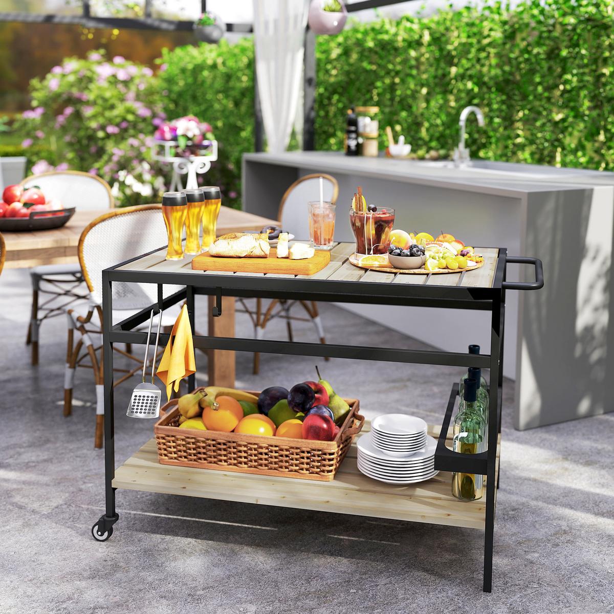 SERVIERWAGEN, Barbecue Trolley mit 2 Regalen, Haken für Garten, Balkon, Natur - Fichtefarben, Metall (65/80/107cm) - Outsunny