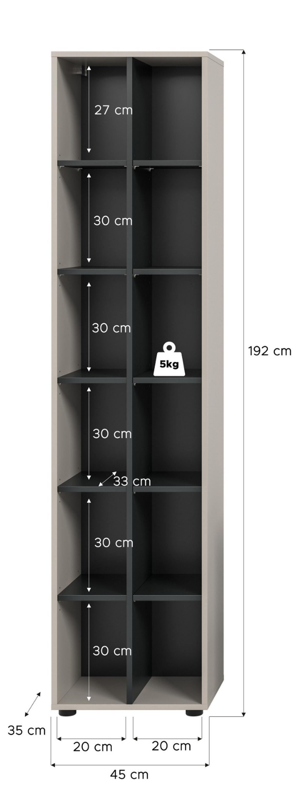REGAL Kaschmir, schwarz 45 cm, Standregal mit 12 Fächern - Kaschmir/Schwarz, Holzwerkstoff/Kunststoff (45/192/35cm) - Inn.Furn