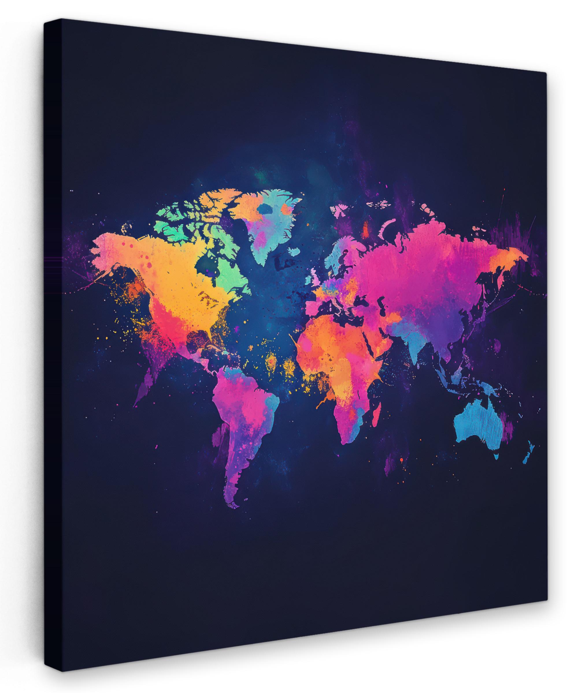 LEINWANDBILD Weltkarte - Bunt - Graffiti Wandbild Wohnzimmer 50x50 cm - Multicolor, Textil (50/50cm) - MuchoWow