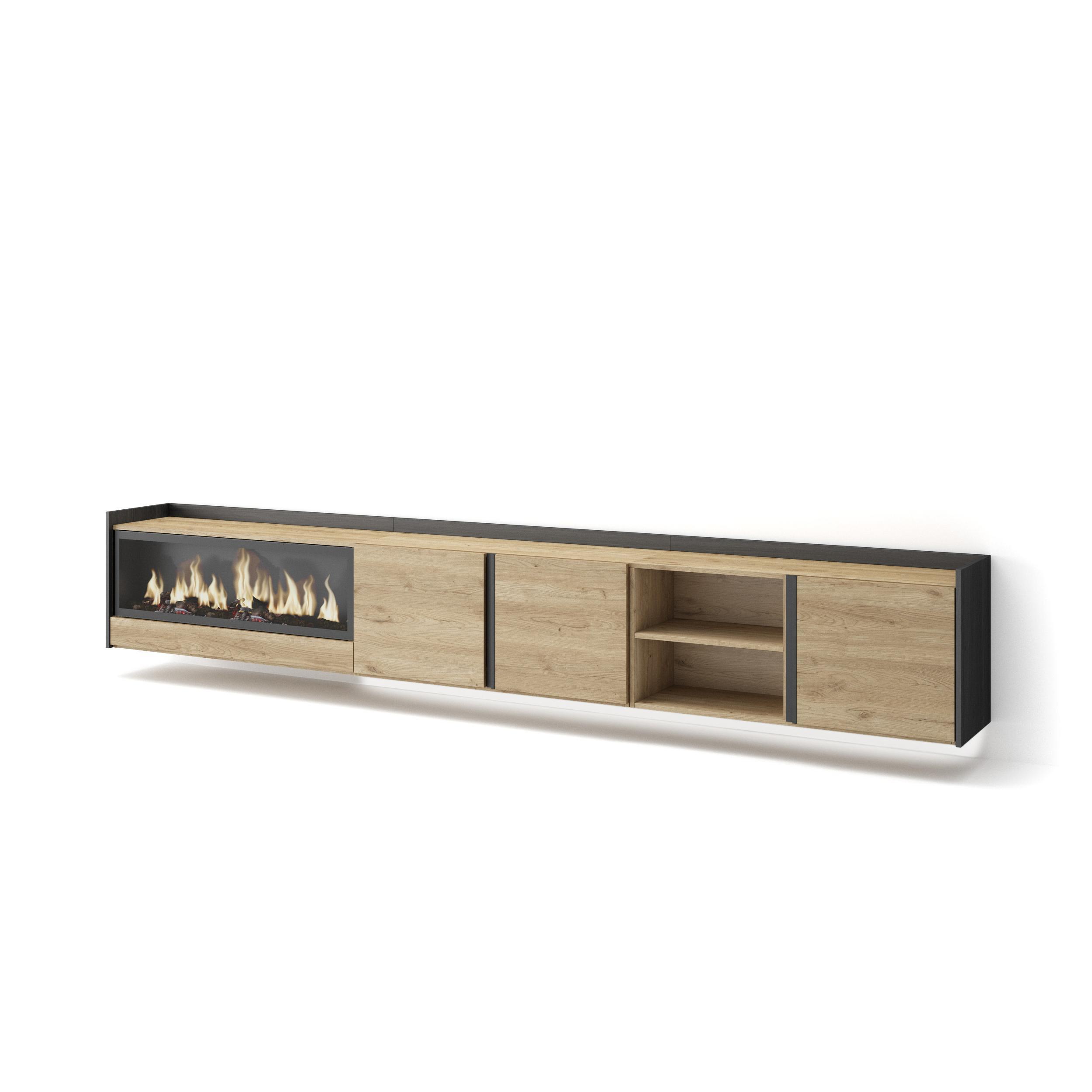 LOWBOARD, Eiche und Schwarz, 315/35/50cm, Kamin mit Feuereffekt XXL - Eichefarben, Holzwerkstoff (315/50/35cm) - Skraut Home
