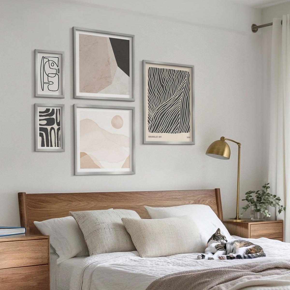 BILDER SET 5er Set - 50x50 cm & 20x30 cm & 40x60 cm Silberner Rahmen - Abstrakte Muster mit Linien - Silberfarben, Kunststoff (40/60cm) - TULUP