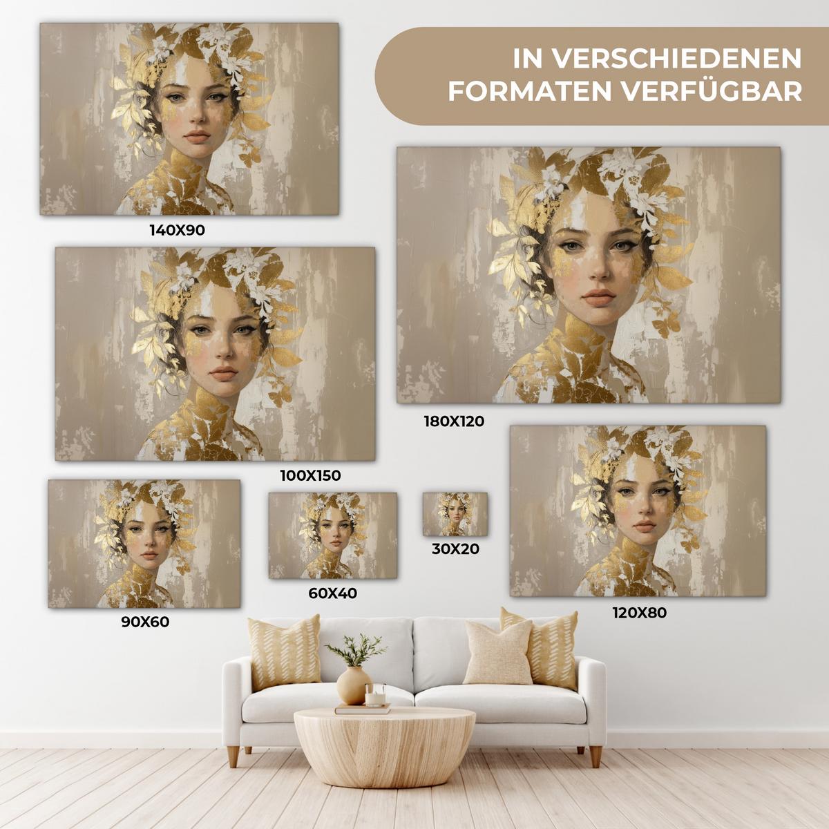 LEINWANDBILD Gesicht - Frau - Blätter - Gold Gemälde 60x40 cm - Beige, Textil (60/40cm) - MuchoWow