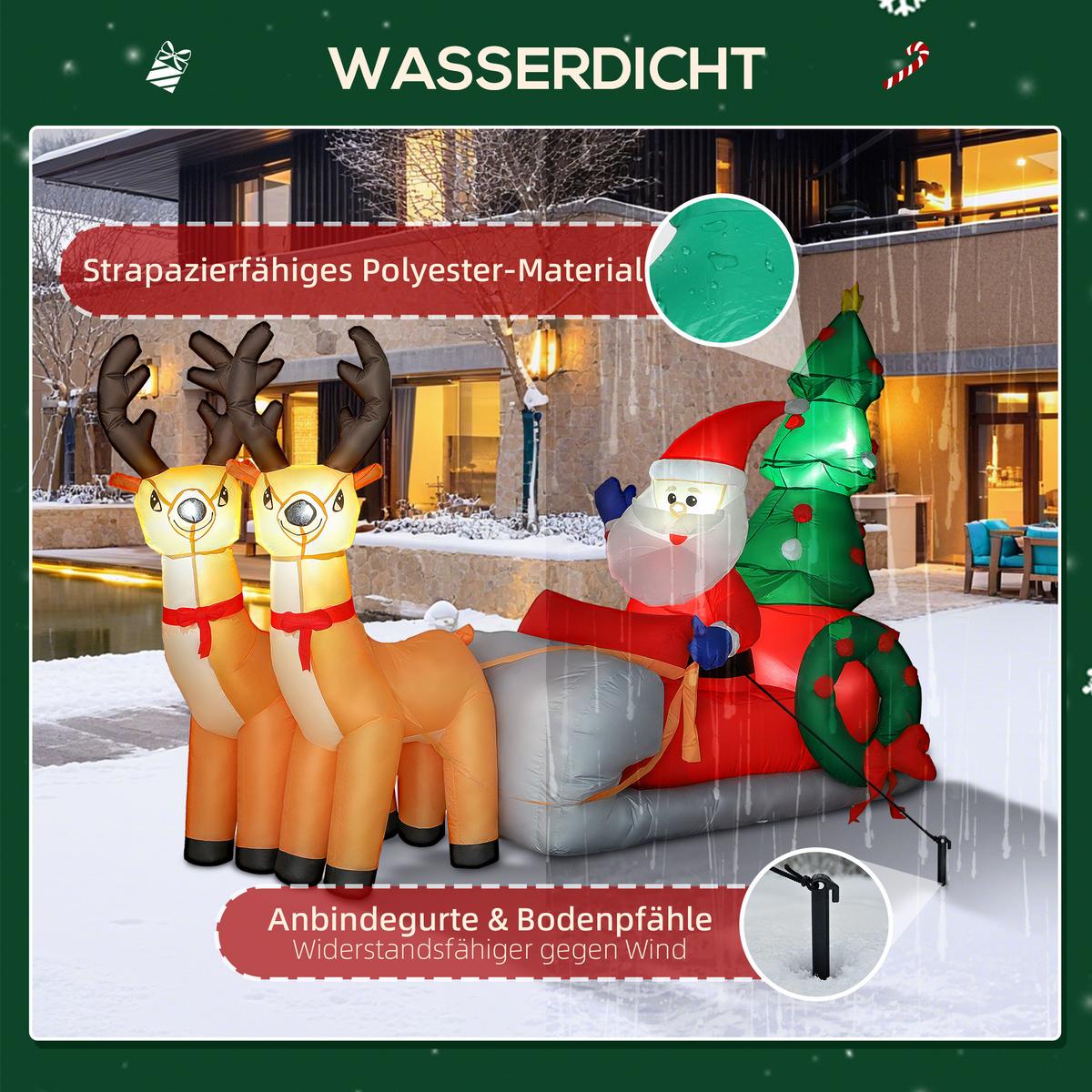 216 cm Aufblasbarer Weihnachtsmann auf Schlitten mit 2 Rentier mit LED-Lichtern - Multicolor, Textil (90/150/216cm) - Outsunny
