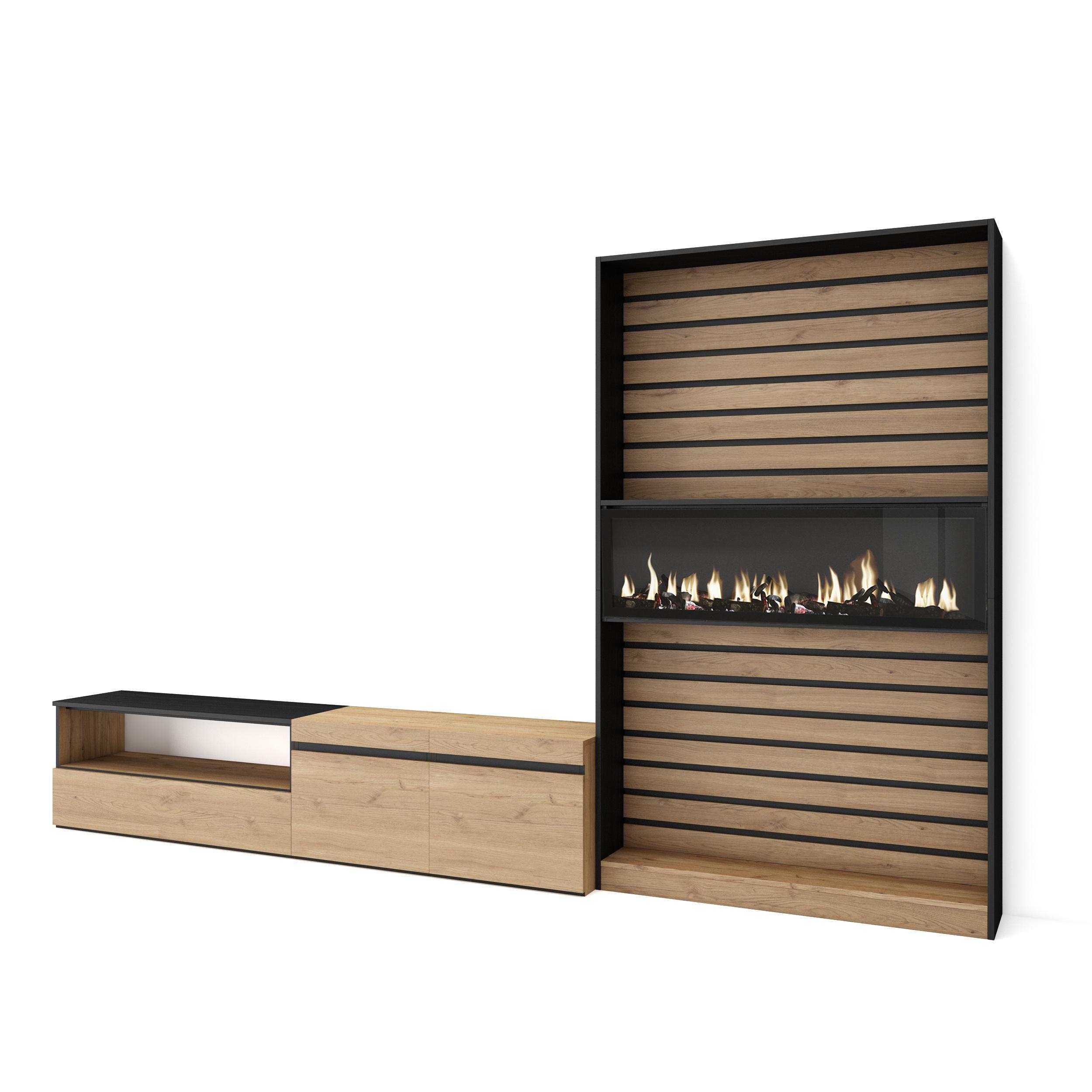 WOHNWAND Wohnzimmer, eiche, schwarz, Elektrokamin,, 310/35/186cm - Eichefarben/Beige, Holzwerkstoff (310/186/35cm) - Skraut Home