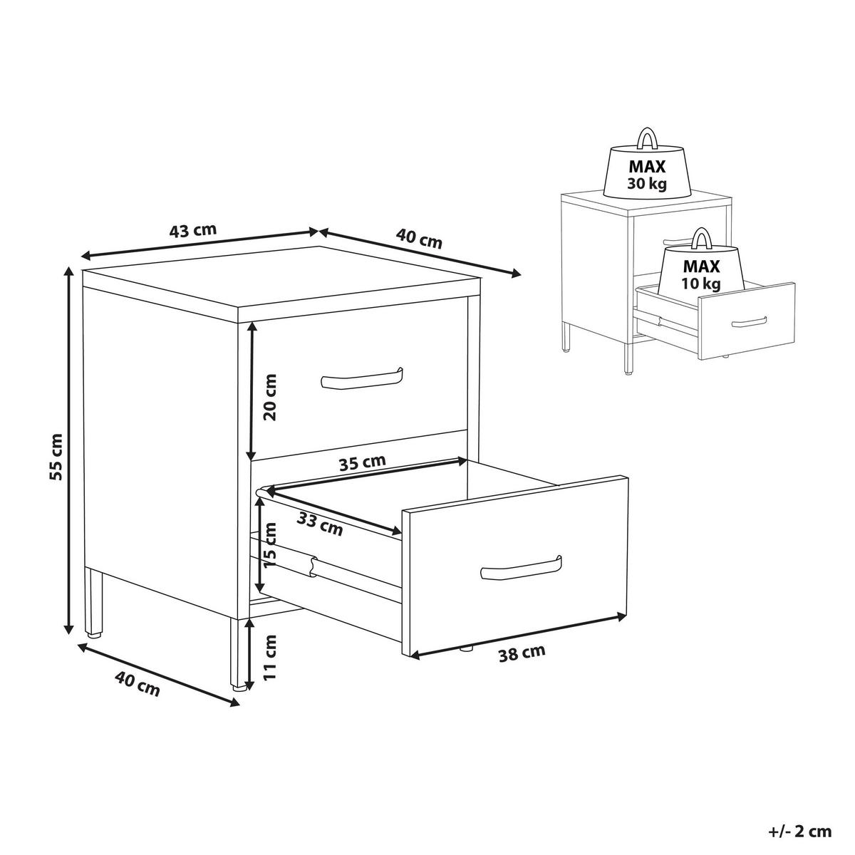NACHTTISCH Mintgrün 2 Schubladen Malavi - Mintgrün, Metall (40/43/55cm) - Beliani