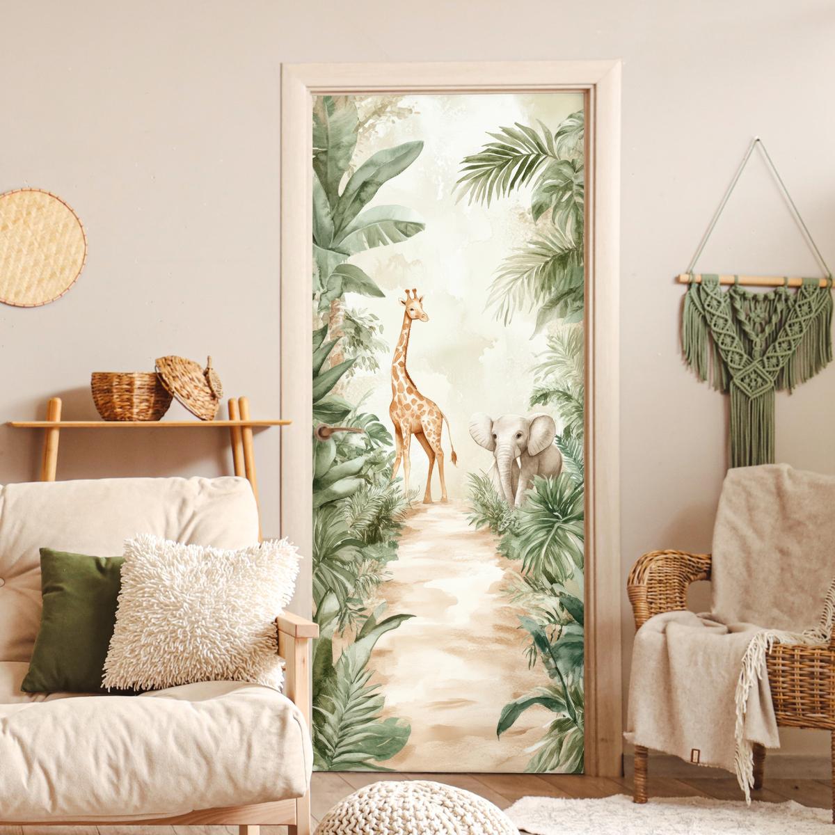 TÜRAUFKLEBER Dschungel - Giraffe - Elefant - Grün - Natur 90x215 cm - Türtapete - Eukalyptusholzfarben, Kunststoff (90/0.1cm) - MuchoWow