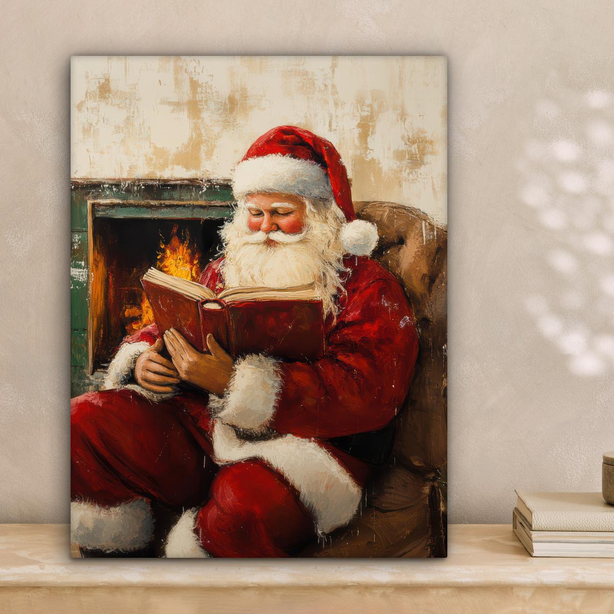 LEINWANDBILD Weihnachten - Weihnachtsmann - Winter - Open Fireside Room Decor 30x40 cm - Dunkelrot, Textil (30/40cm) - MuchoWow