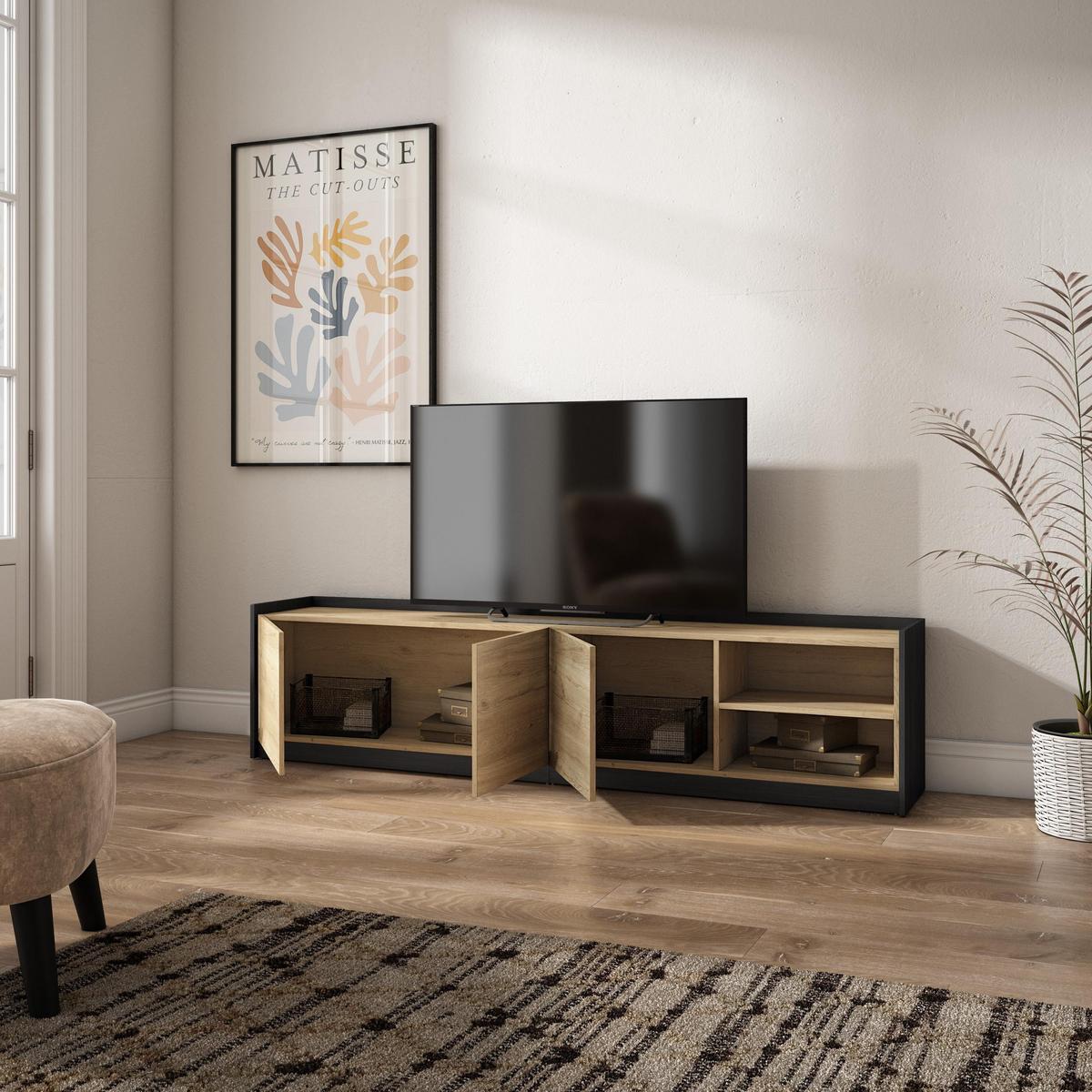 LOWBOARD, 207x37x50cm, Für TV-Geräte bis zu 80", Fernsehtisch, Eiche Schwarz - Eichefarben, Holzwerkstoff (207/50/37cm) - Skraut Home