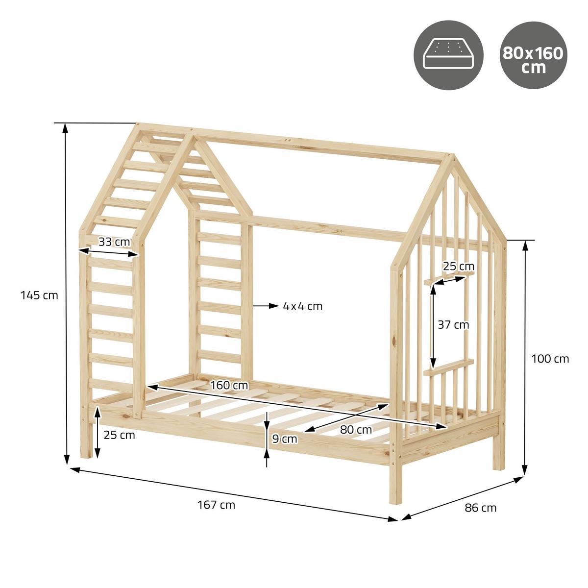 KINDERBETT 80x160 cm mit Lattenrost Dach und Fenster Hausbett aus massivem Kiefernholz Natur - Naturfarben, Holz (80/160cm) - ML-DESIGN