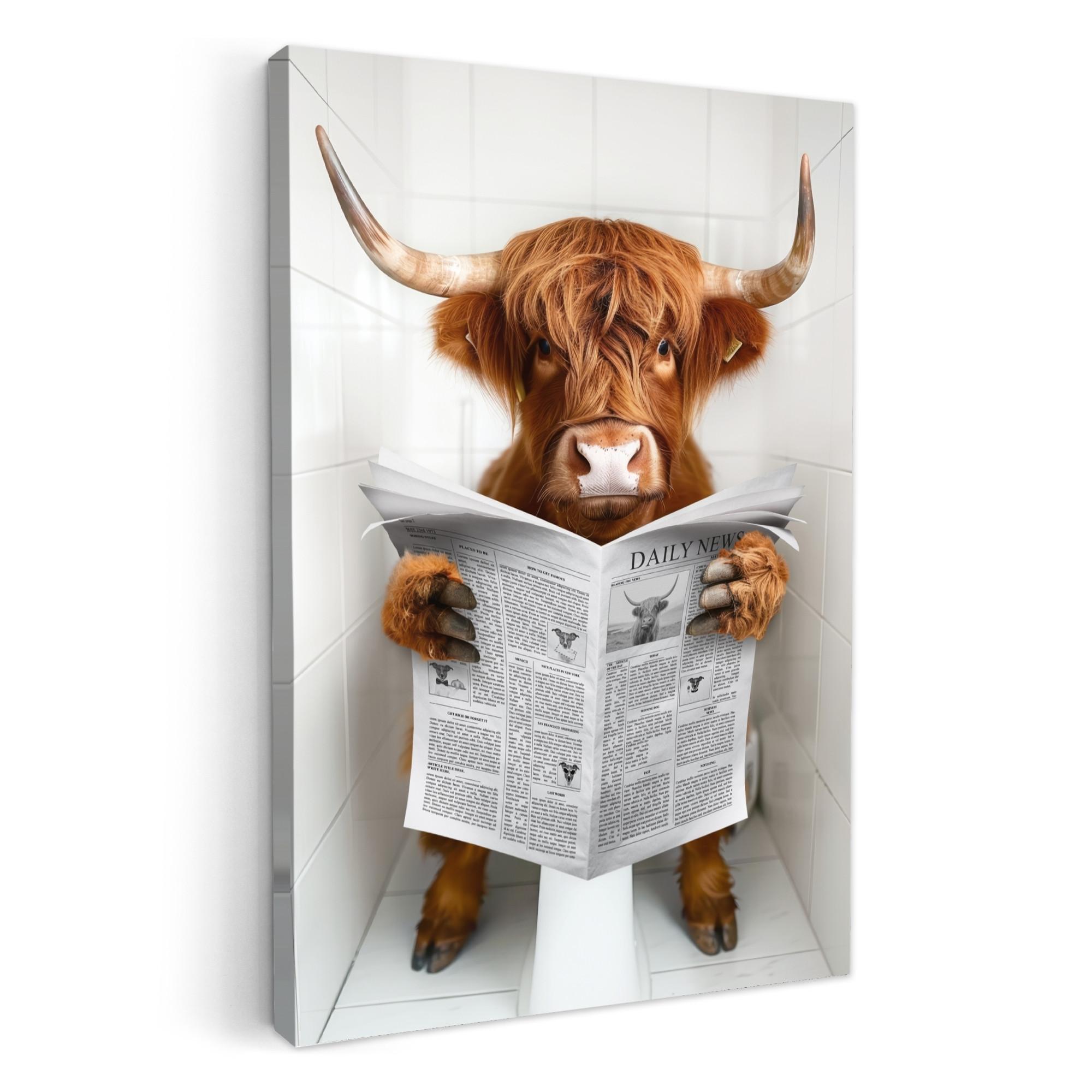 LEINWANDBILD Schottischer Highlander - Tier - Zeitung - Toilette Deko XXL 80x120 cm - Kastanienfarben, Textil (80/120cm) - MuchoWow