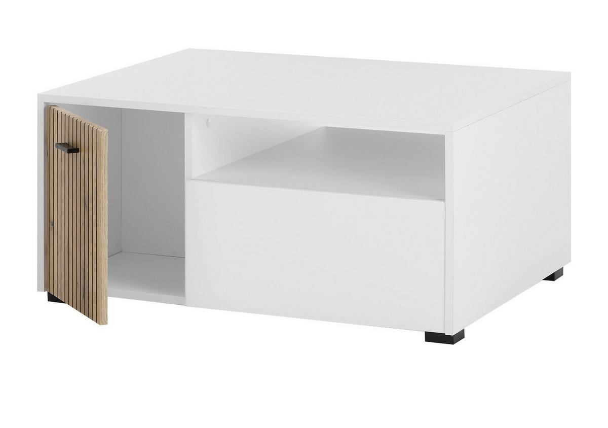 COUCHTISCH weiß matt, Eiche 90 cm, Wohnzimmertisch mit Stauraum und Soft-Close - Eichefarben/Schwarz, Holzwerkstoff/Kunststoff (90/70/43cm) - Furn.Design