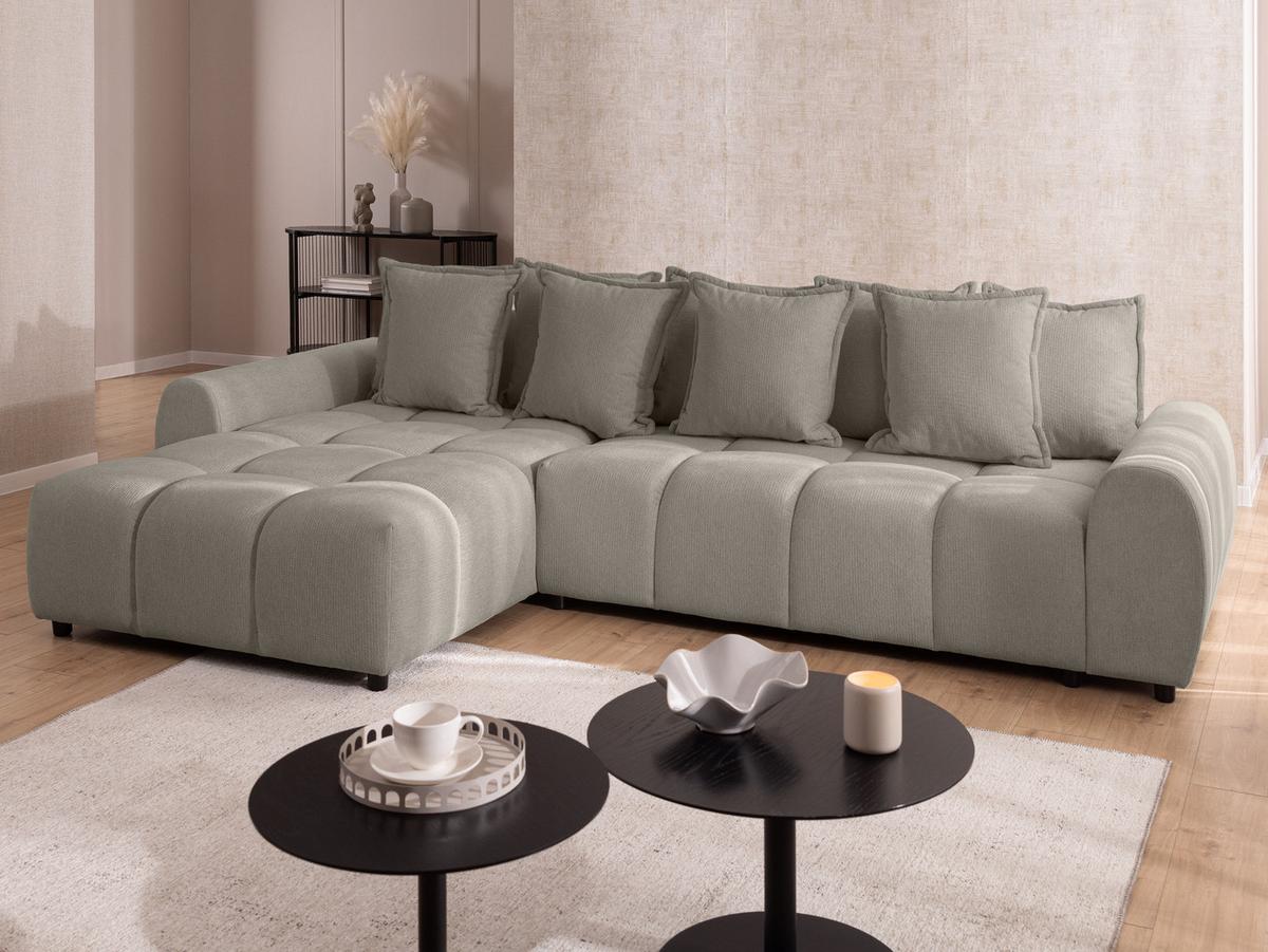 ECKSOFA Bubble mit losen Rückenkissen und Sitzfläche in Bubble-Optik aus weichem Taupe Strukturstoff mit schöner Sitzkomfort - Ottomane links - Taupe/Schwarz, Holz/Kunststoff (180/306cm) - S-Style Möbel
