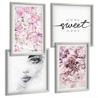 BILDER SET 4er Set - 50x50 cm & 40x60 cm Silberner Rahmen - Pfingstrosenporträt einer Frau zu Hause - Silberfarben, Kunststoff (50/50cm) - TULUP