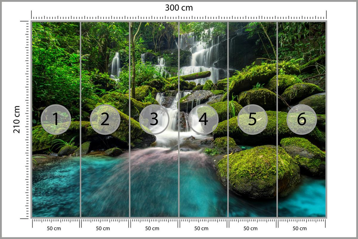 FOTOTAPETE für Küche Wasserfall Dschungel Bäume Steine Tropisch 300x210 - Türkis/Blau, Papier (300/210cm) - Muralo