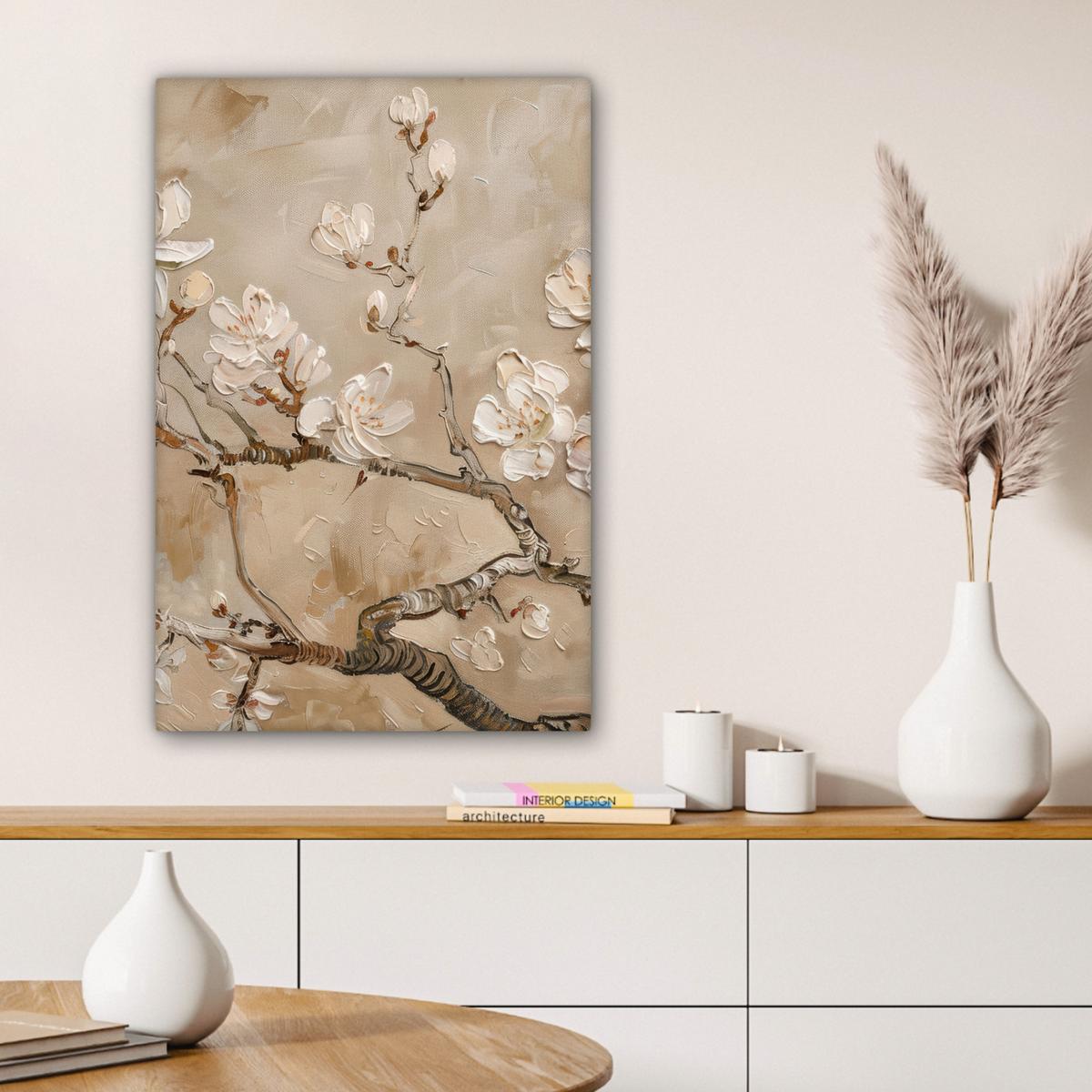 LEINWANDBILD Blumen - Modern - Beige - Weiß - Blüte Wanddeko Schlafzimmer 60x90 cm - Beige, Textil (60/90cm) - MuchoWow