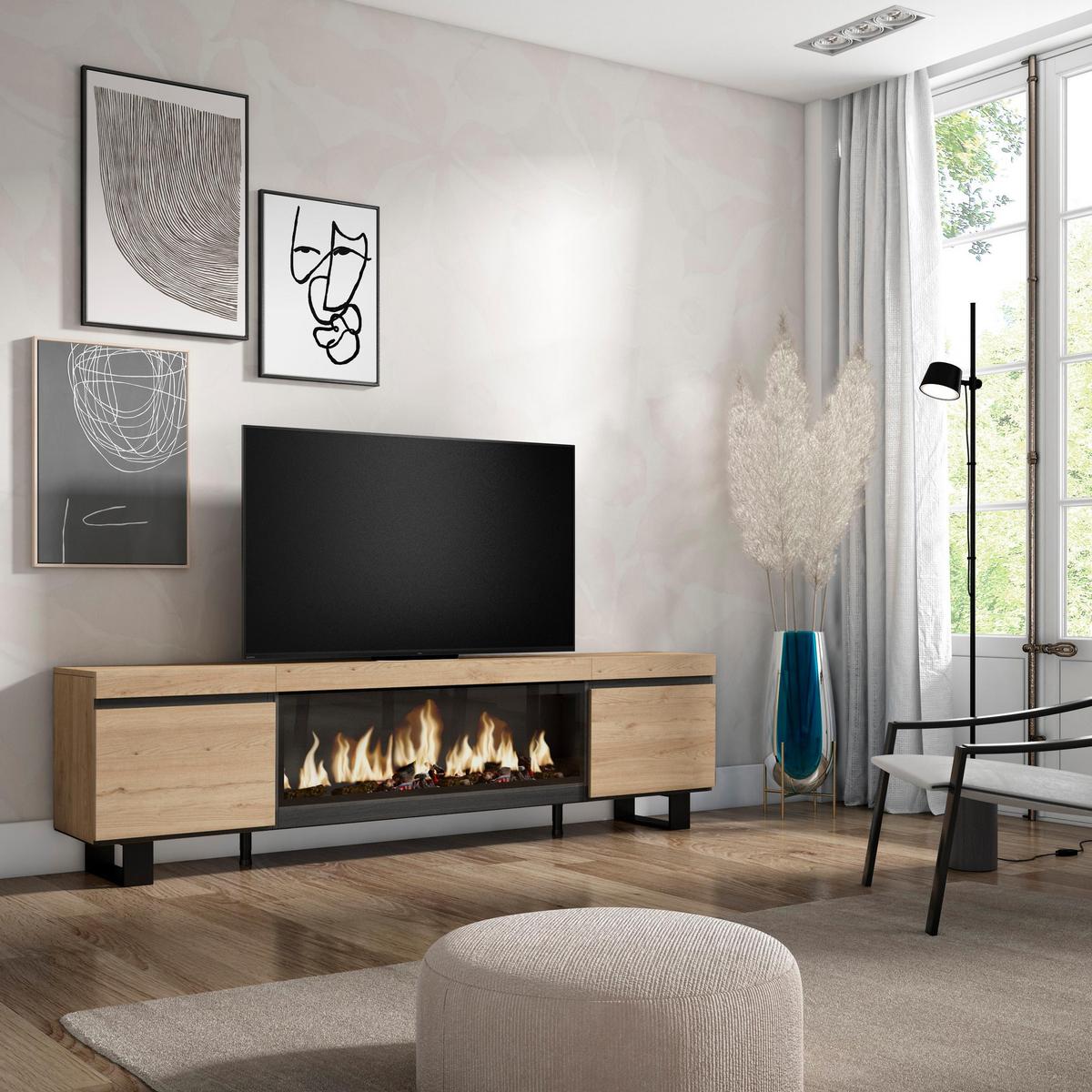 LOWBOARD, Tv-Schrank, mit Elektrokamin XXL, Eiche, 208/35/57cm - Eichefarben/Multicolor, Holzwerkstoff (208/57/35cm) - Skraut Home