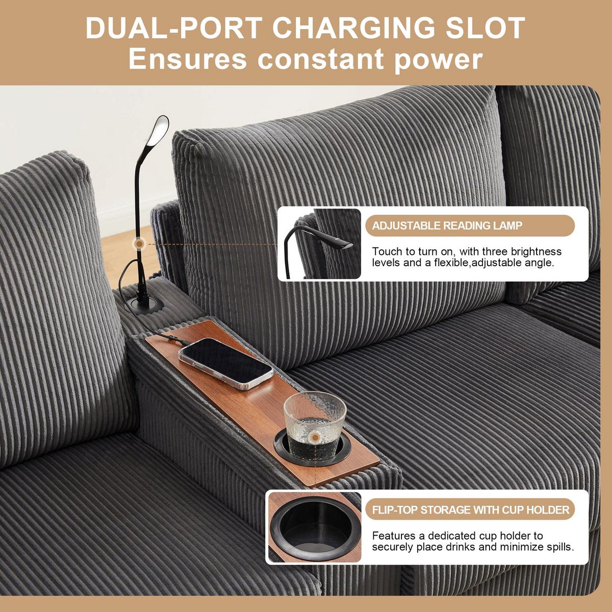 ECKSOFA aus Cord in Grau mit LED-Beleuchtung & smarten USB-Anschlüssen - Grau, Textil (128.5/334cm) - Urban Meuble
