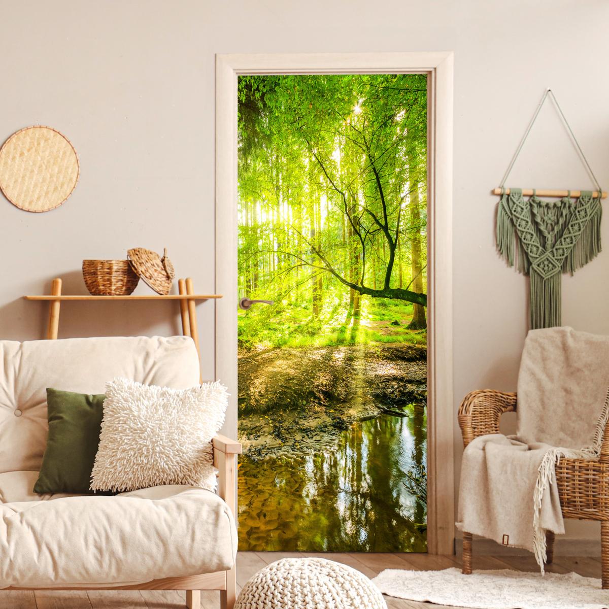 TÜRAUFKLEBER Wald - Landschaft - Wasser - Bäume - Sonne - Grün - Natur Room Decor 85x205 cm - Türtapete - Hellgrün, Kunststoff (85/0.1cm) - MuchoWow