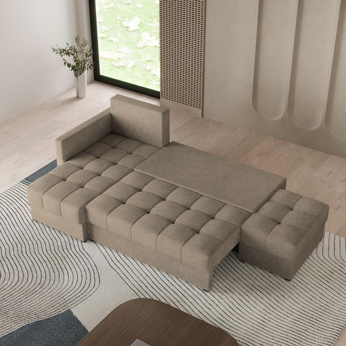 ECKSOFA LUMARI L-S Braun Plüsch-Stoff mit Schlaffunktion - Braun, Holz (262/143cm) - MASSENO