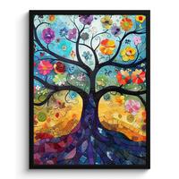 POSTER MIT RAHMEN Kunst - Baum des Lebens - Blumen - Hippie Posterleiste 60x80 cm - Dunkelblau, Papier (60/80cm) - MuchoWow