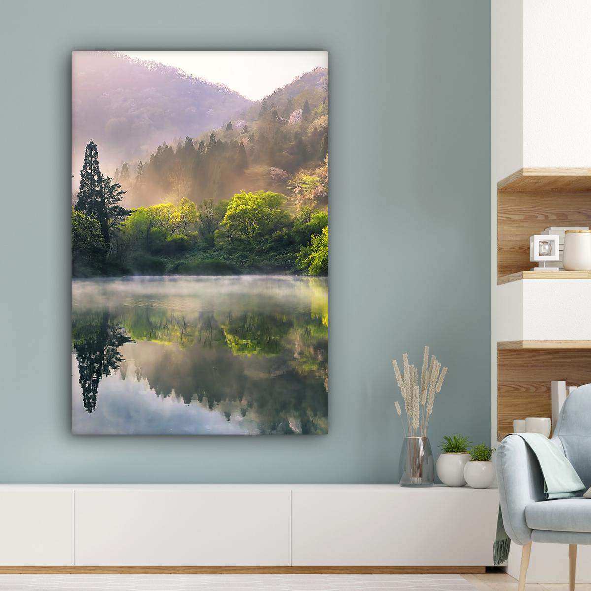 LEINWANDBILD Natur - Bäume - Berge - See - Wasser Deko XXL 80x120 cm - Hellgrün, Textil (80/120cm) - MuchoWow